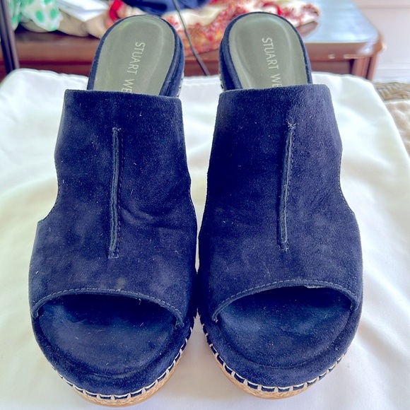 Stuart Weitzman Ponte Cutout Espadrille Platform Wedge Slides Navy Blue 8.5 - Picture 2 of 12